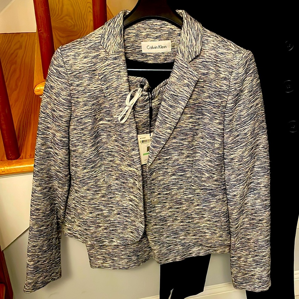 Calvin Klein skirt suit NWT, navy, white,grey and blue, silver buttons